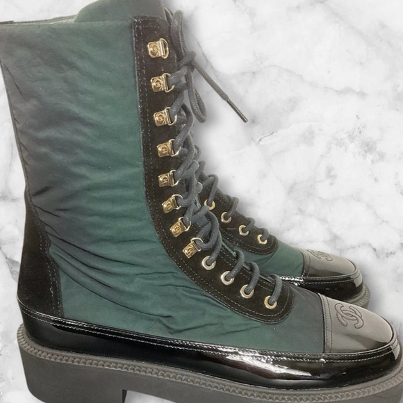 Chanel Nylon Suede Calfskin Black and Dark Green Combat Boots Size 40 - Picture 2 of 8